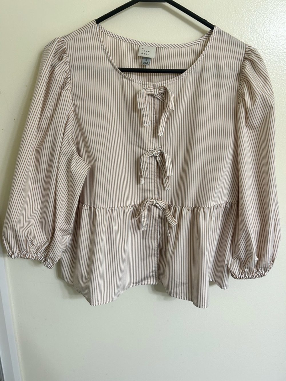 a new day Cream and Taupe Striped Tie-Front Peasant Blouse